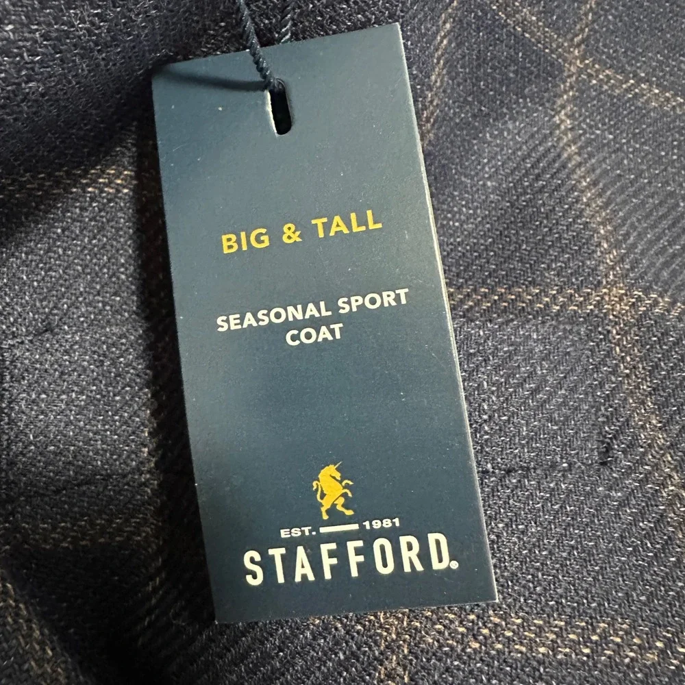Stafford Mens 60R Sport Coat Navy Windowpane Wool‎ Blend Big & Tall 3-Button NEW
